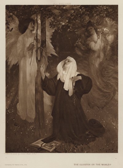 Luostari vai maailma? (litografia) tekijältä Arthur Hacker