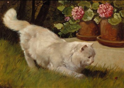 Valkoinen persialainen kissa leppäkertun kanssa (öljyä aluksella) tekijältä Arthur Heyer
