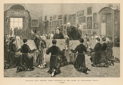 Blue Coat Boys näyttää piirustuksiaan kuningattarelle Buckinghamin palatsissa tekijältä Arthur Hopkins