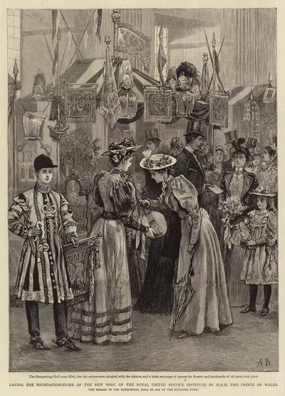 Walesin prinssi H R H:n asettama perustakiven Royal United Service Instituten uudelle siivelle tekijältä Arthur Hopkins