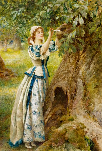 Romantiikka: "Rakkauden kirjelaatikko" Nuori nainen jättää rakkaalleen kirjeen puunrunkoon. Arthur Hopkinsin (1848-1930) maalaus. tekijältä Arthur Hopkins