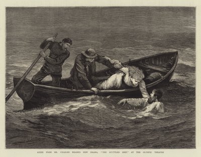 Kohtaus Charles Readen uudesta draamasta The Scuttled Ship olympiateatterissa tekijältä Arthur Hopkins