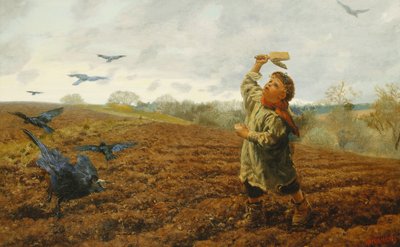 The Crow-Scarer; "Kyyhkyset ja variset, pitäkää huolta varpaistasi", 1884 tekijältä Arthur Hughes