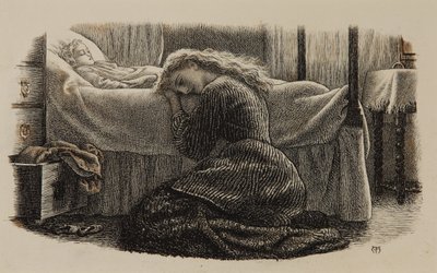 Nuorimman lapsen kuolema, n. 1865 (muste paperille) tekijältä Arthur Hughes