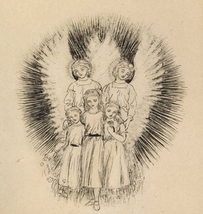 Kolme pientä lasta leveällä maapallolla (kynä ja musta muste luonnonvalkoiselle paperille) tekijältä Arthur Hughes