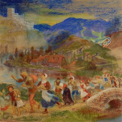 Kyläläiset pakenevat lohikäärmettä tekijältä Arthur Hughes
