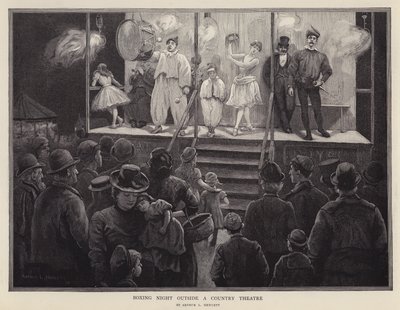 Nyrkkeily-ilta maalaisteatterin ulkopuolella (litho) tekijältä Arthur L. Hewlett
