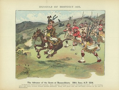 Skottien eteneminen Bannockburnissa. 24. kesäkuuta 1314 jKr. (värilitografia). tekijältä Arthur Moreland