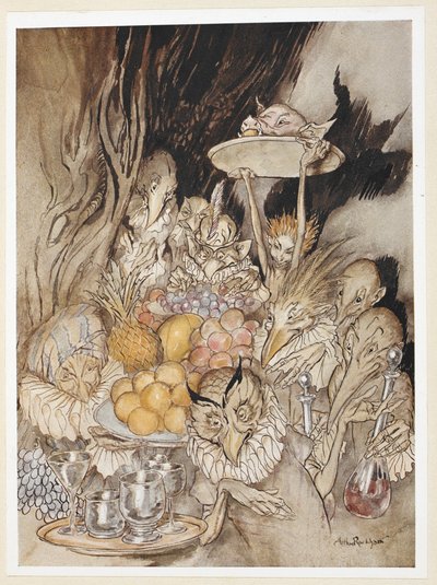 ACT III: Kohtaus III, rivi 19 Syötä useita outoja muotoja ja tuo juhlaan... kutsua kuningas jne syömään. tekijältä Arthur Rackham
