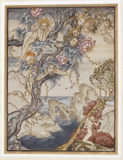 ACT III: Kohtaus II, rivi 144 Saari on täynnä ääniä, ääniä ja makeita ilmaa, jotka tuovat iloa eivätkä satuta. tekijältä Arthur Rackham