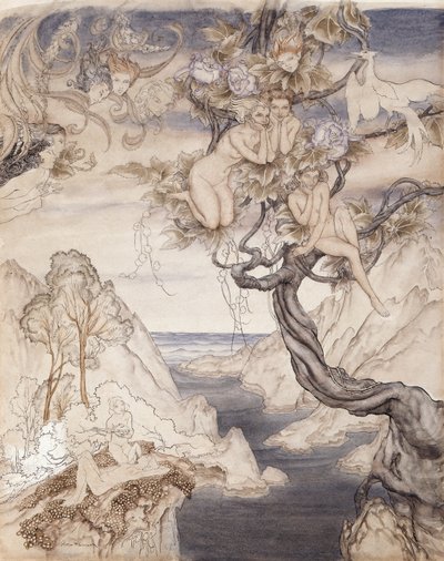 Keijulaulu, piirretty II näytökseen, kohtaus ii, elokuvasta Kesäyön unelma (kynä ja muste & wc paperille) tekijältä Arthur Rackham
