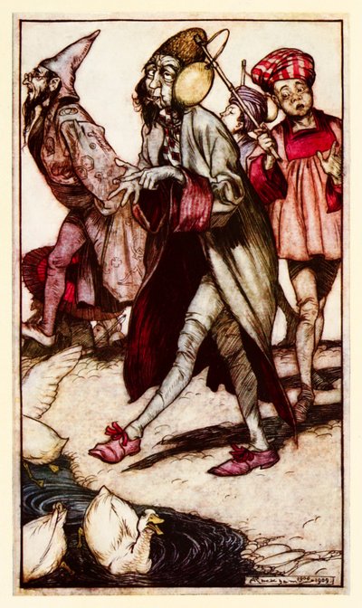 Laputialainen herrasmies kävelyllä Jonathan Swiftin Gulliversin matkoissa (osa III: Matka Laputaan jne.). tekijältä Arthur Rackham