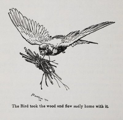 Lintu, joka kantaa nippua risuja. tekijältä Arthur Rackham