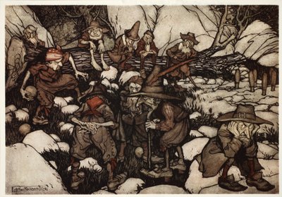 Ryhmä oudon näköisiä henkilöitä, jotka leikkivät yhdeksännastaisessa., Washington Irvingin Rip Van Winkle -pubista. 1910 tekijältä Arthur Rackham