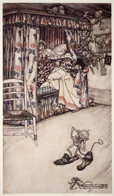 Esirippuluento on kaikkien maailman saarnojen arvoinen, koska se opettaa kärsivällisyyden ja pitkämielisyyden hyveitä. Kirjailija: Rip Van Winkle Washington Irving, pub. 1910 tekijältä Arthur Rackham