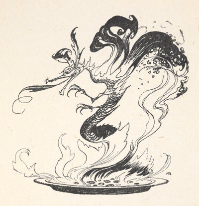 Lohikäärme nousemassa palavan rahan lautaselta tekijältä Arthur Rackham