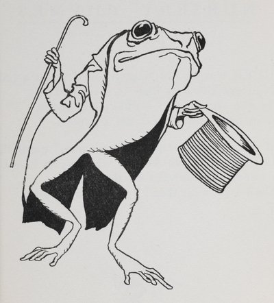 Sammakko, jolla on silinteri ja hännät, kantaa keppiä. tekijältä Arthur Rackham
