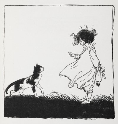 Tyttö, jolla on nukke, kertoo kissastaan. tekijältä Arthur Rackham
