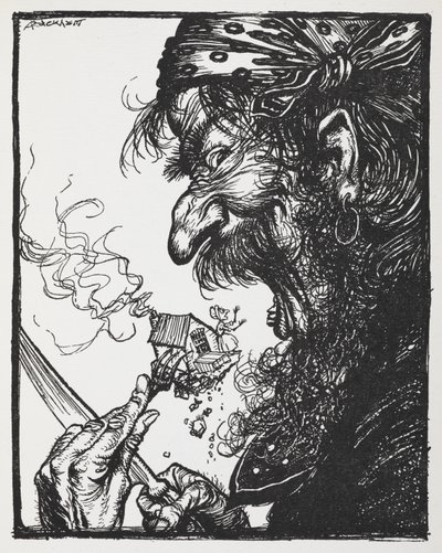 Iso mies syö pienen naisen ja hänen talonsa. tekijältä Arthur Rackham