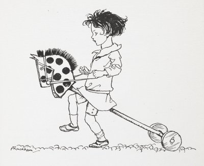 Pieni tyttö leluharrastushevosella. tekijältä Arthur Rackham