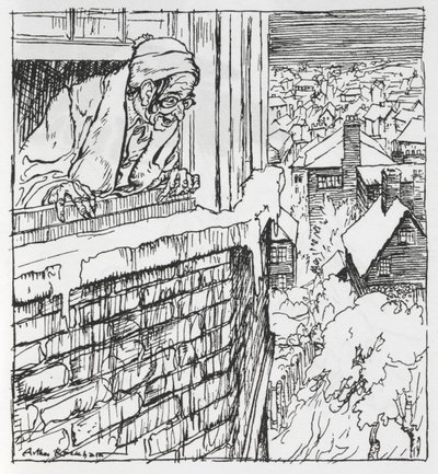 Mies katsoo ulos ikkunasta tekijältä Arthur Rackham