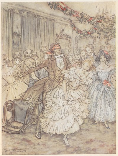 Seurue, joka pelaa sokean miehen bluffia. Mies, jolla on sidottu sokea, jahtaa naista röyhelössä tekijältä Arthur Rackham