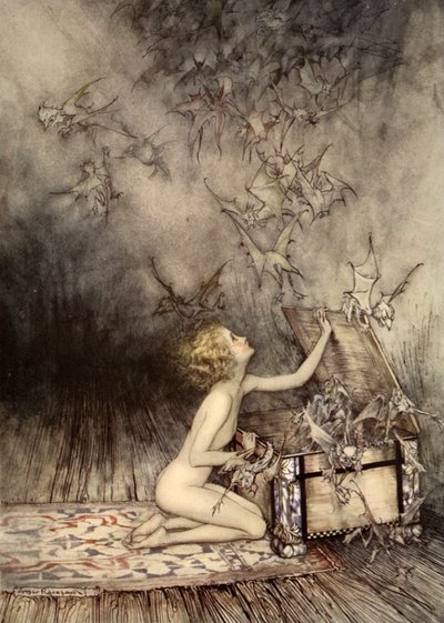 Äkillinen parvi siivekkäitä olentoja juoksi hänen ohitseen, kuvitus Nathaniel Hawthornen "Ihmekirjasta tytöille ja pojille" tekijältä Arthur Rackham