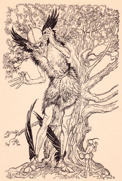 Kauhea kaveri puolet niin suuri kuin puu, jonka vieressä hän seisoi. Arthur Rackhamin kuvitus Grimmin sadusta Henki lasipullossa. tekijältä Arthur Rackham