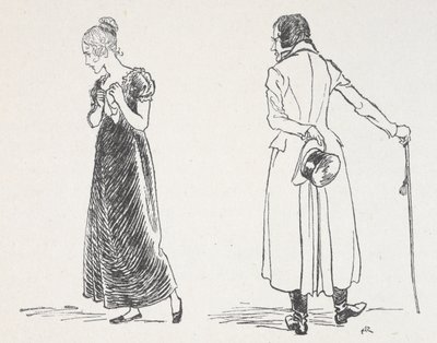 Nuori pari riitelee, nainen kääntyi pois ja puristi nenäliinaa rintaansa vasten tekijältä Arthur Rackham