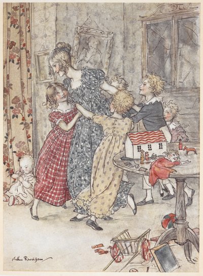 Nuori nainen ja lapset tanssivat leikkihuoneessa, joka on täynnä leluja tekijältä Arthur Rackham