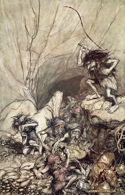 "Alberich ajaa nibelungien joukossa kulta- ja hopeaaarteineen", 1910. tekijältä Arthur Rackham