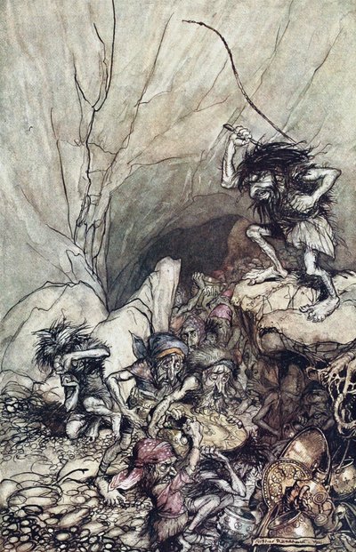 Alberich ajaa Niblungien joukossa, joka on täynnä kulta- ja hopeaaarteita. Kuvitus Rhille tekijältä Arthur Rackham
