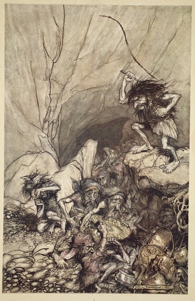 Albrech ajaa nibelungien joukkoa kulta- ja hopea-aarteita mukanaan pitävän joukon perässä, elokuvasta "Reinigold ja valkyyria". tekijältä Arthur Rackham