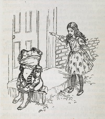 Liisa ja sammakko pukeutuneena jalkamieheksi tekijältä Arthur Rackham