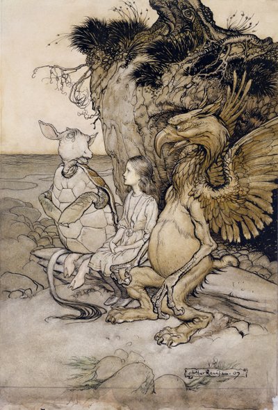 Liisa ja pilkkakilpikonna, kuvitus elokuvasta Liisa seikkailut ihmemaassa, 1907 (kynä ja muste & wc paperilla) tekijältä Arthur Rackham