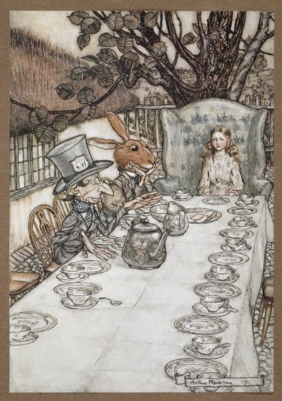 Liisa Hullun Hatuntekijän teekutsuissa maaliskuun jänisen, makuuhiiren ja hullun hatuntekijän kanssa tekijältä Arthur Rackham