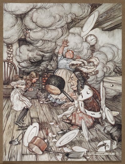 Liisa keittiössä herttuattaren, kokin ja Cheshire Catin kanssa tekijältä Arthur Rackham