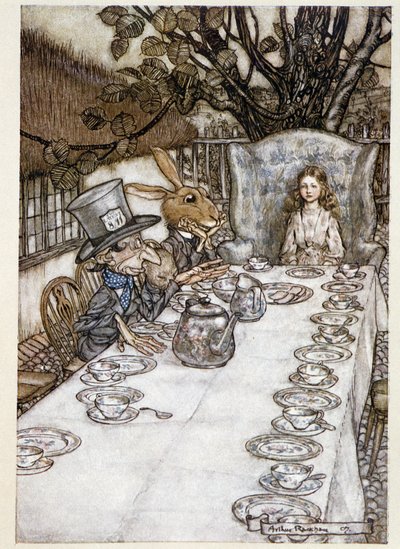 Alice vie "" tyhmissä""" (Hatuntekijä ja Mars Lievre) - "" Liisa ihmemaassa seikkailut"", Lewis Carroll, ill. Kirjailija: Arthur Rackham (1867-1939) tekijältä Arthur Rackham