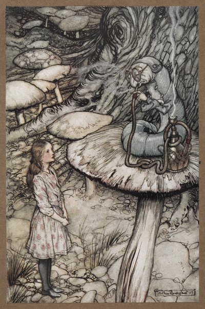 Alice puhuu toukalle, joka istuu sienellä ja polttaa piippua tekijältä Arthur Rackham