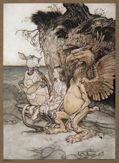 Liisa gryphonin ja pilkkakilpikonnan kanssa tekijältä Arthur Rackham