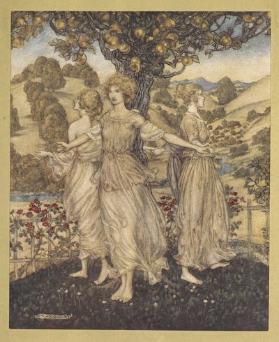Kaikki keskellä puutarhamessuja, Hesperus ja hänen tyttärensä kolme, jotka laulavat kultaisesta puusta. tekijältä Arthur Rackham
