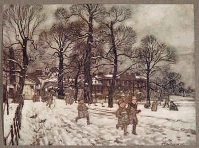 Iltapäivä, jolloin puutarhat olivat lumen valkoisia, Peter Panin Kensington Gardensissa kirjoittanut J M Barrie (1860 - 1937), pubi. 1906 tekijältä Arthur Rackham