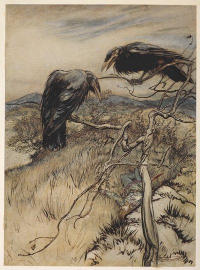 Kuvitus "Twa Corbiesista" tekijältä Arthur Rackham