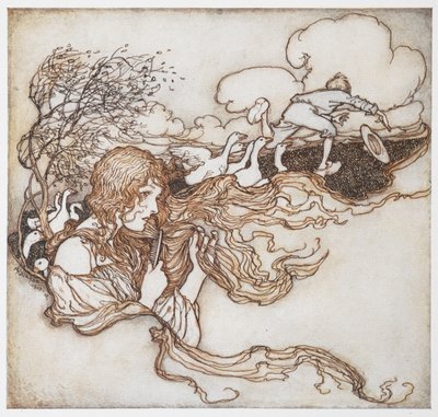 Uma ilustração de uma menina escovando o cabelo com gansos e um menino ao fundo, de The Goosegirl.finnish tekijältä Arthur Rackham