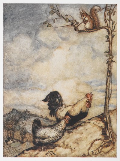 Kuva kanasta, kukosta ja oravasta Chanticleerin ja Partletin seikkailuista. tekijältä Arthur Rackham