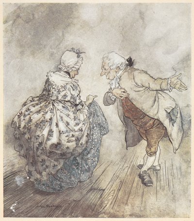 Vanha pariskunta juhlavaatteissa tanssimassa tekijältä Arthur Rackham