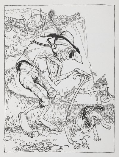 Vanha kiero mies vino kissansa ja kiero talonsa kanssa. tekijältä Arthur Rackham