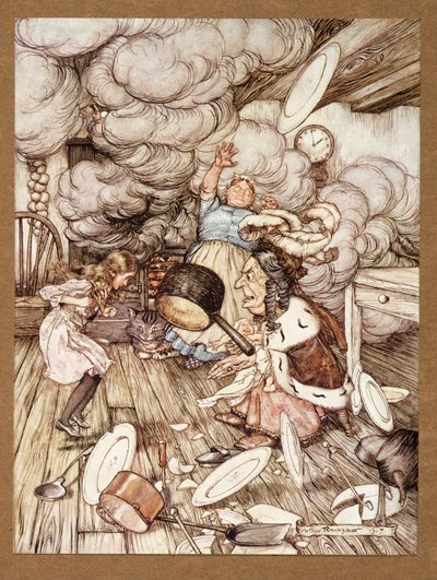 Epätavallisen suuri kattila lensi sen läheltä ja melkein vei sen mukanaan, Lewis Carrollin teoksesta Alicen seikkailut ihmemaassa, julkaisu 1907. tekijältä Arthur Rackham