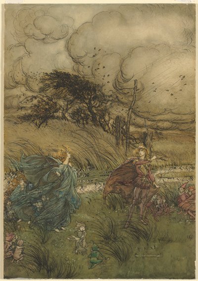 "Ja nyt he eivät koskaan tapaa lehdossa tai vihreissä", William Shakespearen Kesäyön unelman 2. näytöksestä 1. tekijältä Arthur Rackham