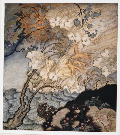 ?. Ja joskus ääniä, kuvitus William Shakespearen Myrsky, pub. 1926 tekijältä Arthur Rackham